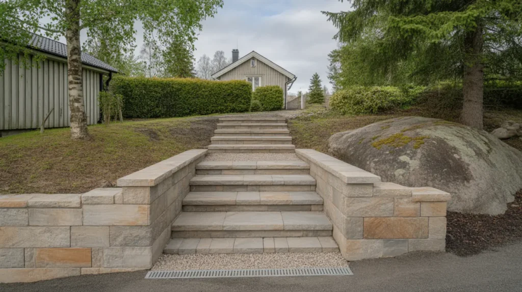 anl ggning av st dmur och trappor i n sbypark t by