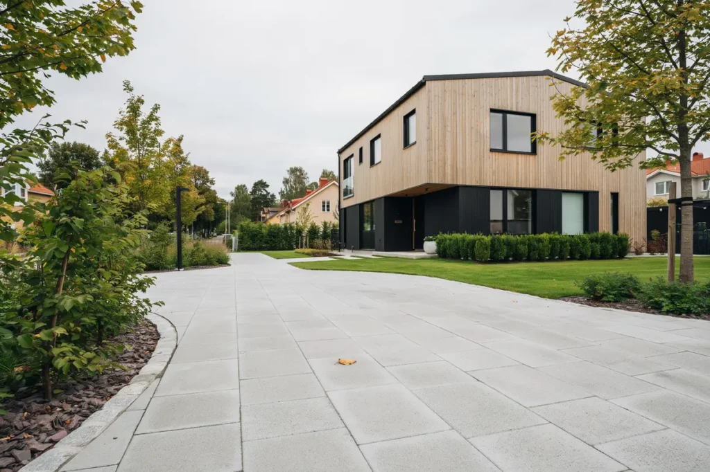 anl ggning av parkeringsyta och v ndplan vid villa i n sbypark