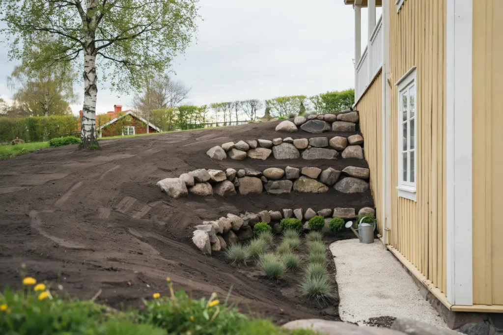 terrassering och jordf rb ttring av sluttande tr dg rdstomt i n sbypark